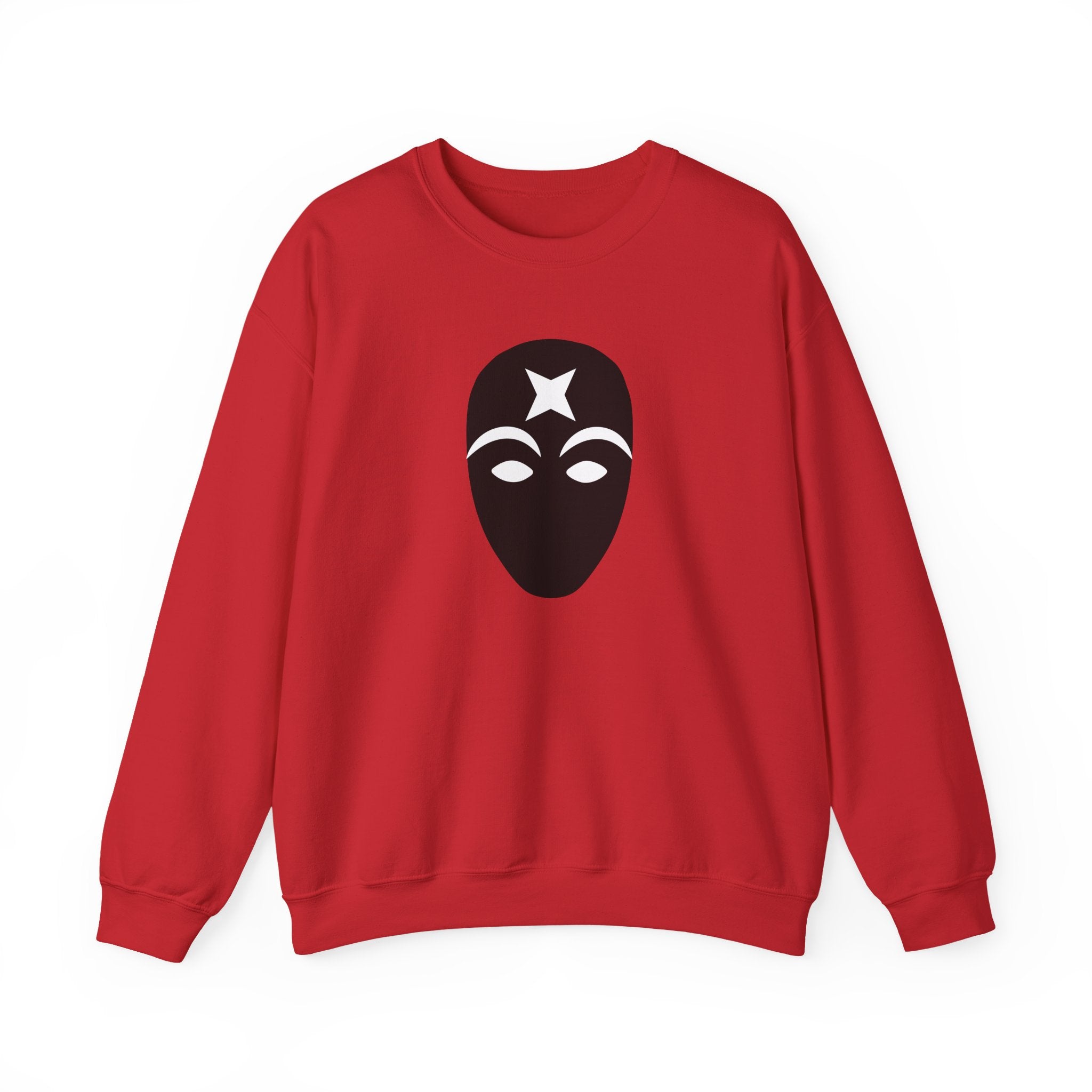 Red sweatshirt with a black mask graphic on a white background