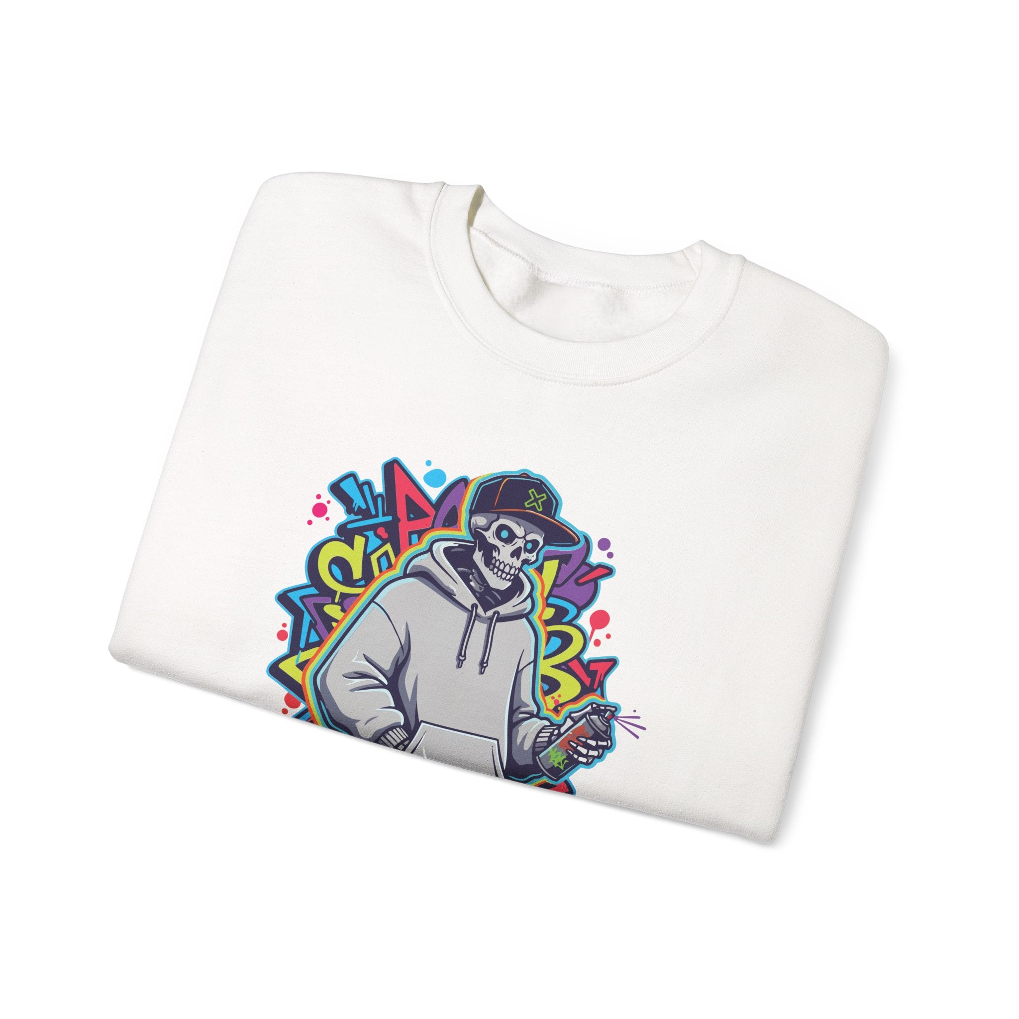 White sweatshirt with colorful graphic design on a white background