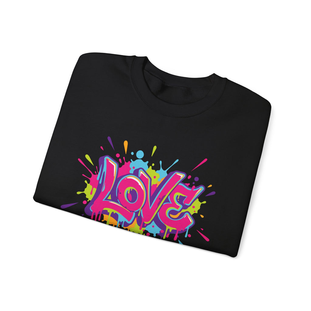 Black t-shirt with colorful 'LOVE' graphic on a white background