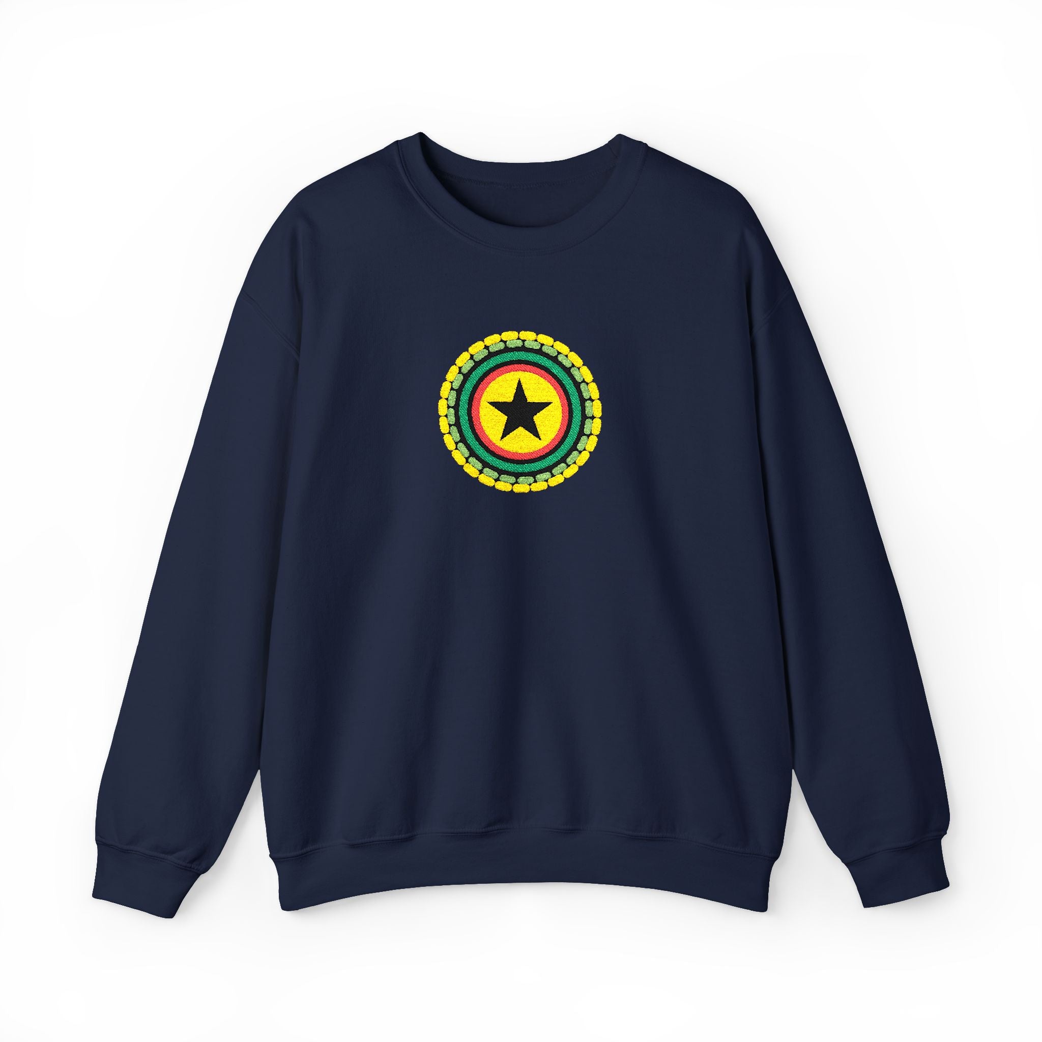 Navy blue sweatshirt with a colorful emblem on a white background