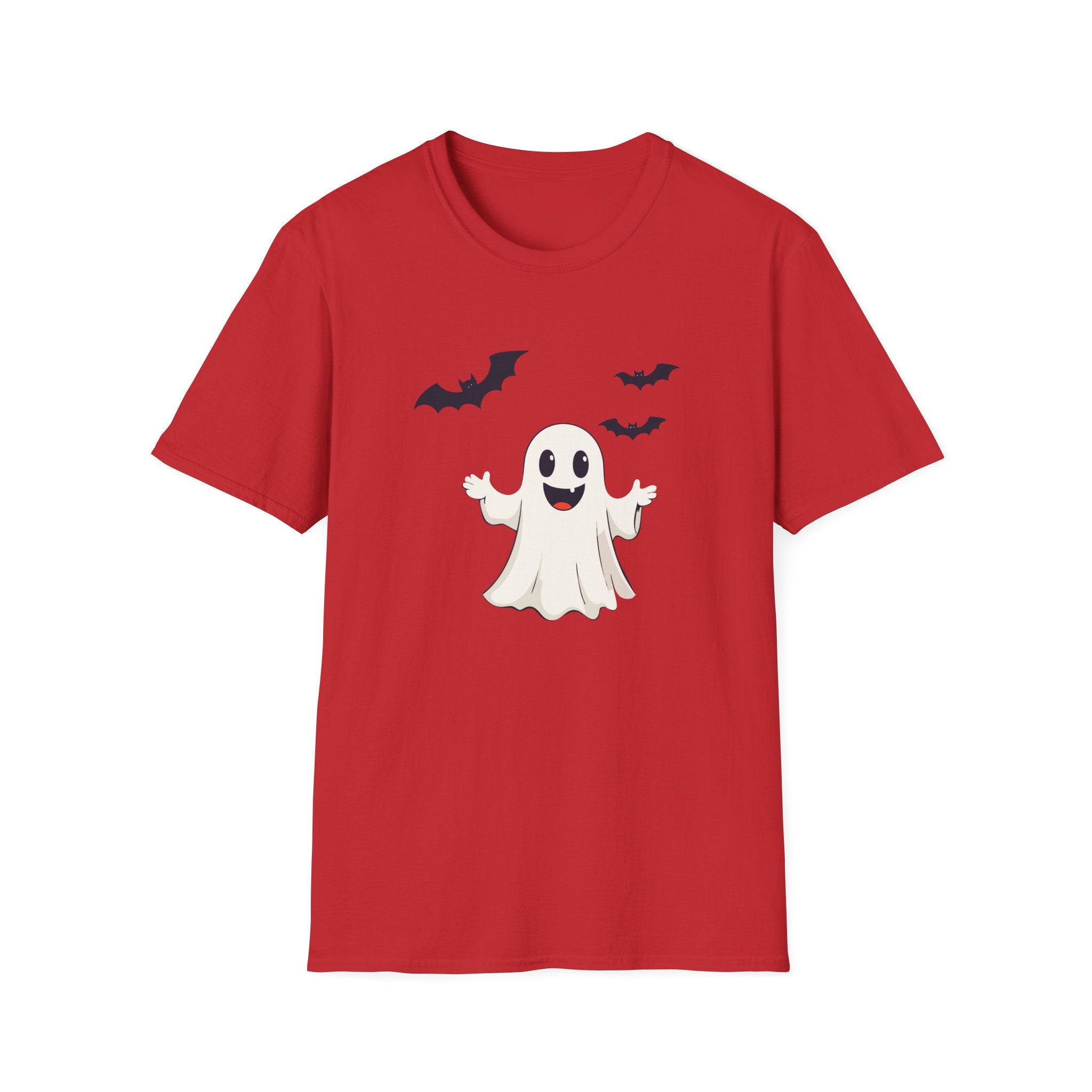Red t-shirt with a ghost and bat design on a white background
