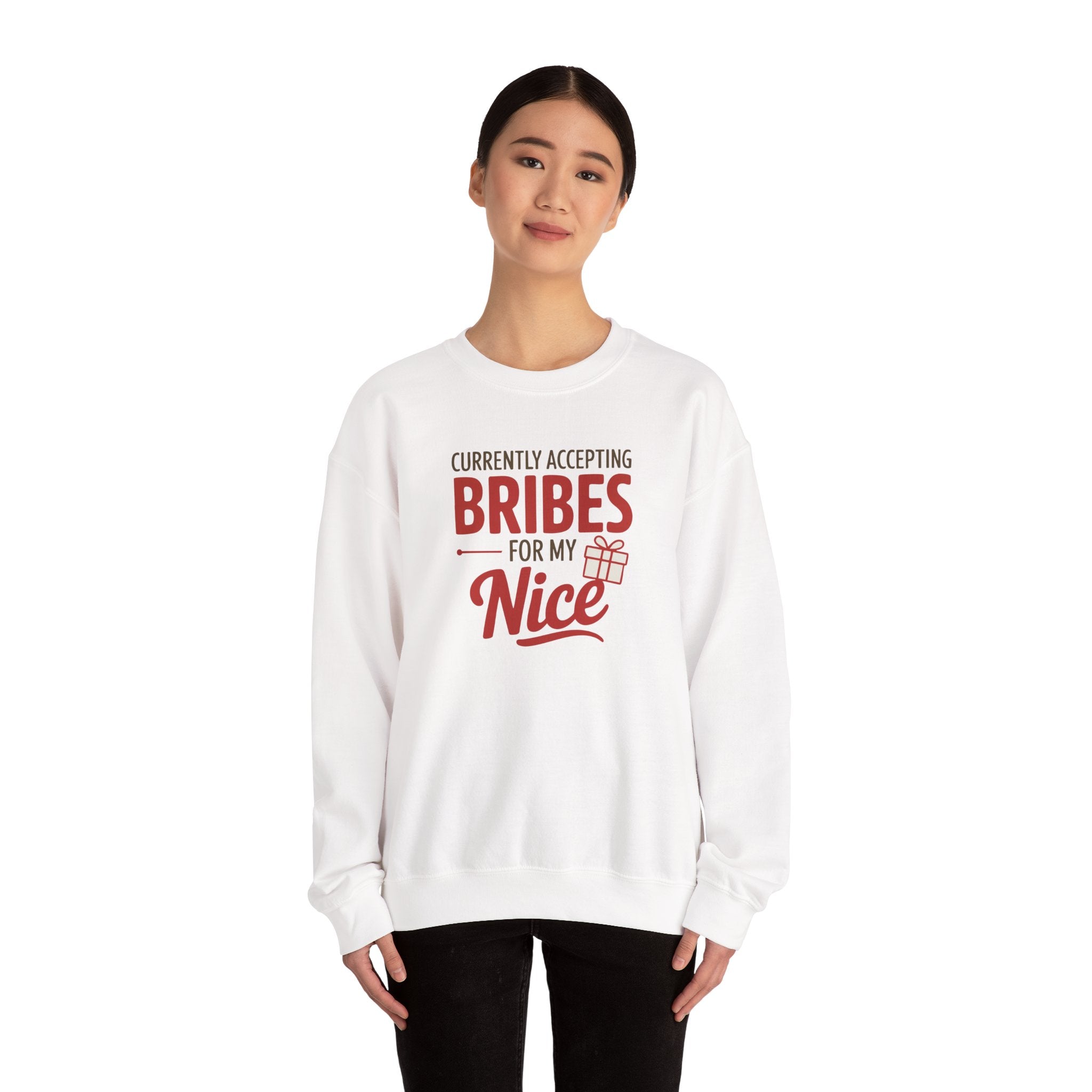Person wearing a white sweatshirt with red text on a white background