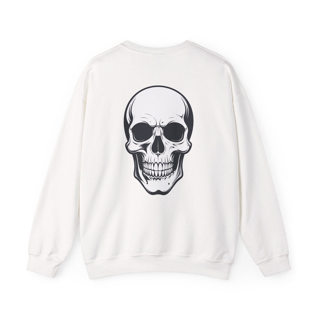 White sweatshirt with a black skull design on a white background