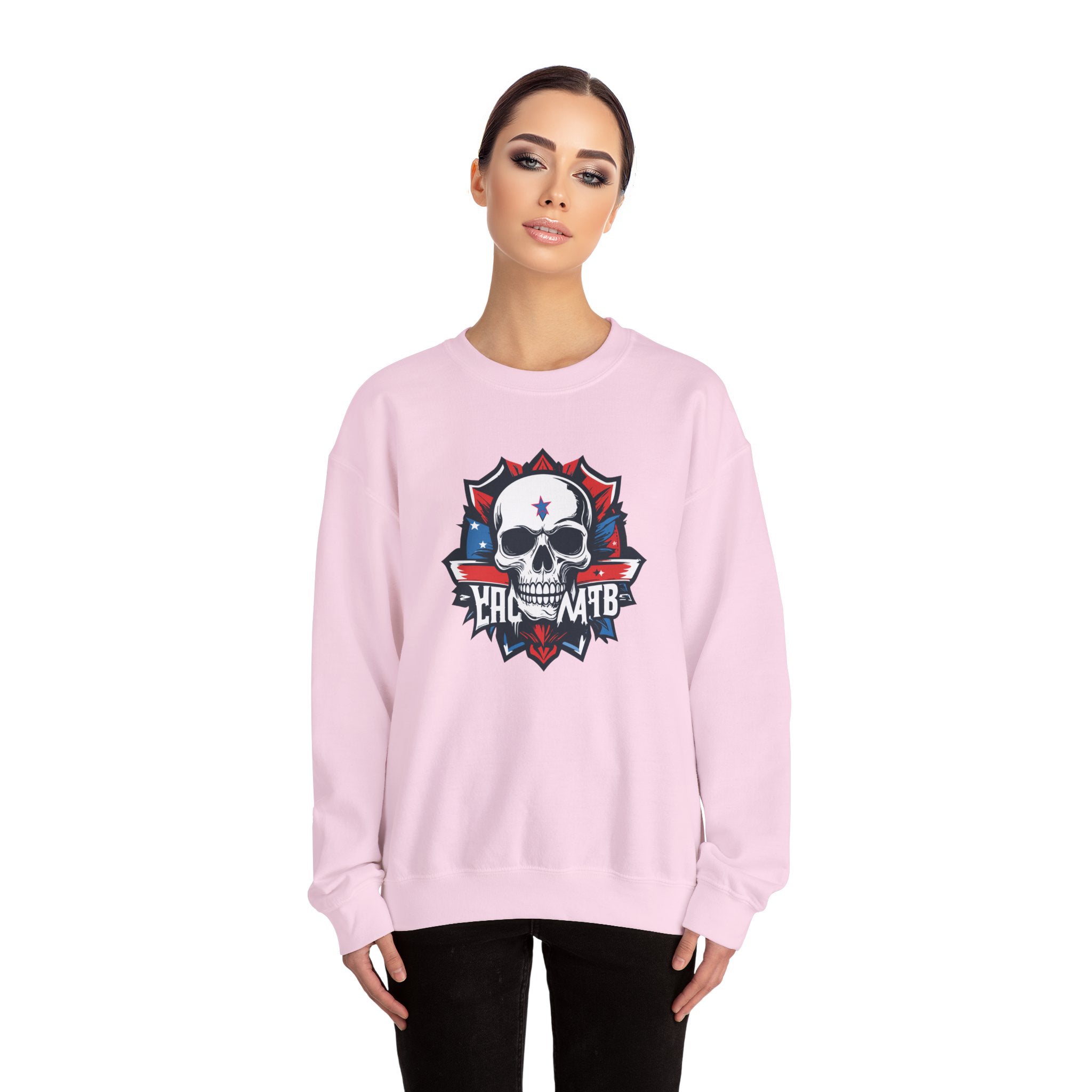 Crewneck Sweatshirt Patriotic Skull Graphic with Banner Text