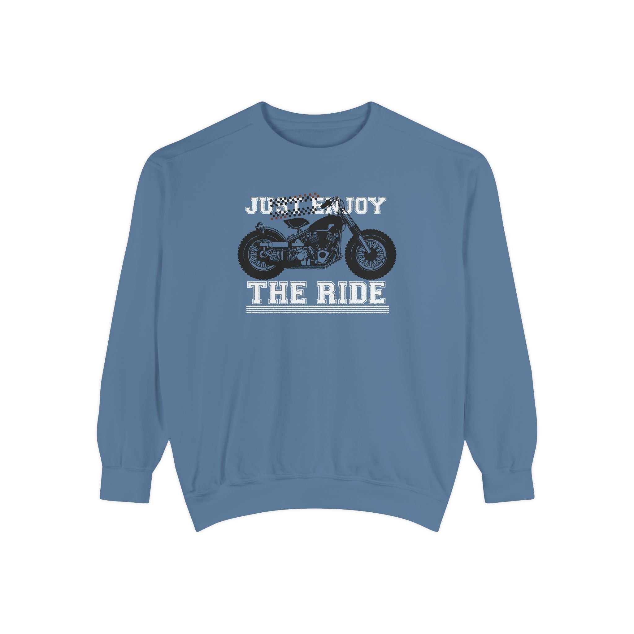 Blue sweatshirt with motorcycle graphic and text 'Just Enjoy The Ride' on a white background