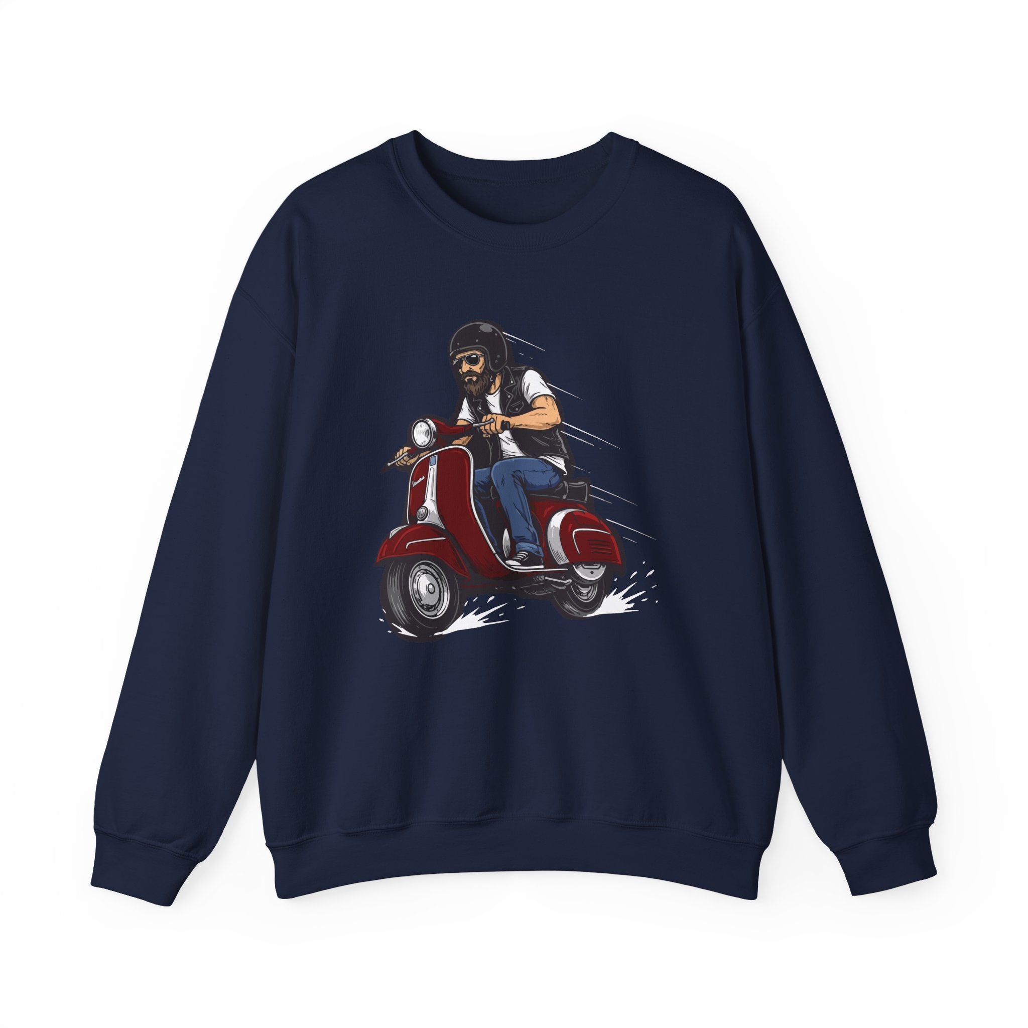 Navy blue sweatshirt with a graphic of a person on a scooter on a white background
