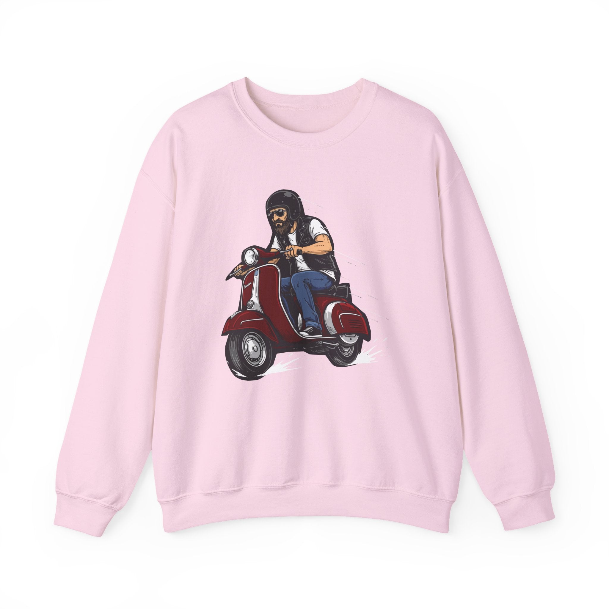 Pink sweatshirt with a graphic of a person on a scooter on a white background
