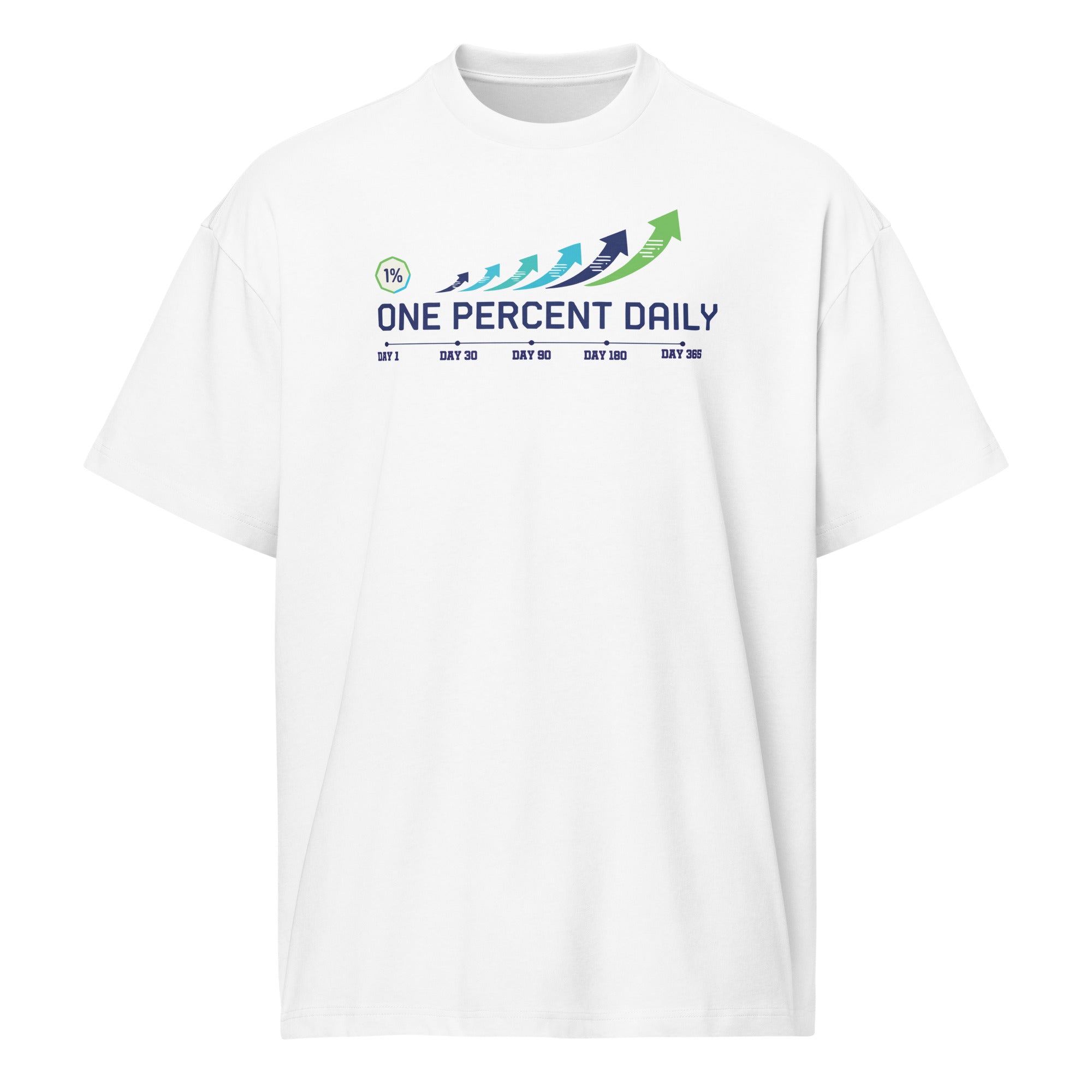 White t-shirt with 'One Percent Daily' logo on a white background