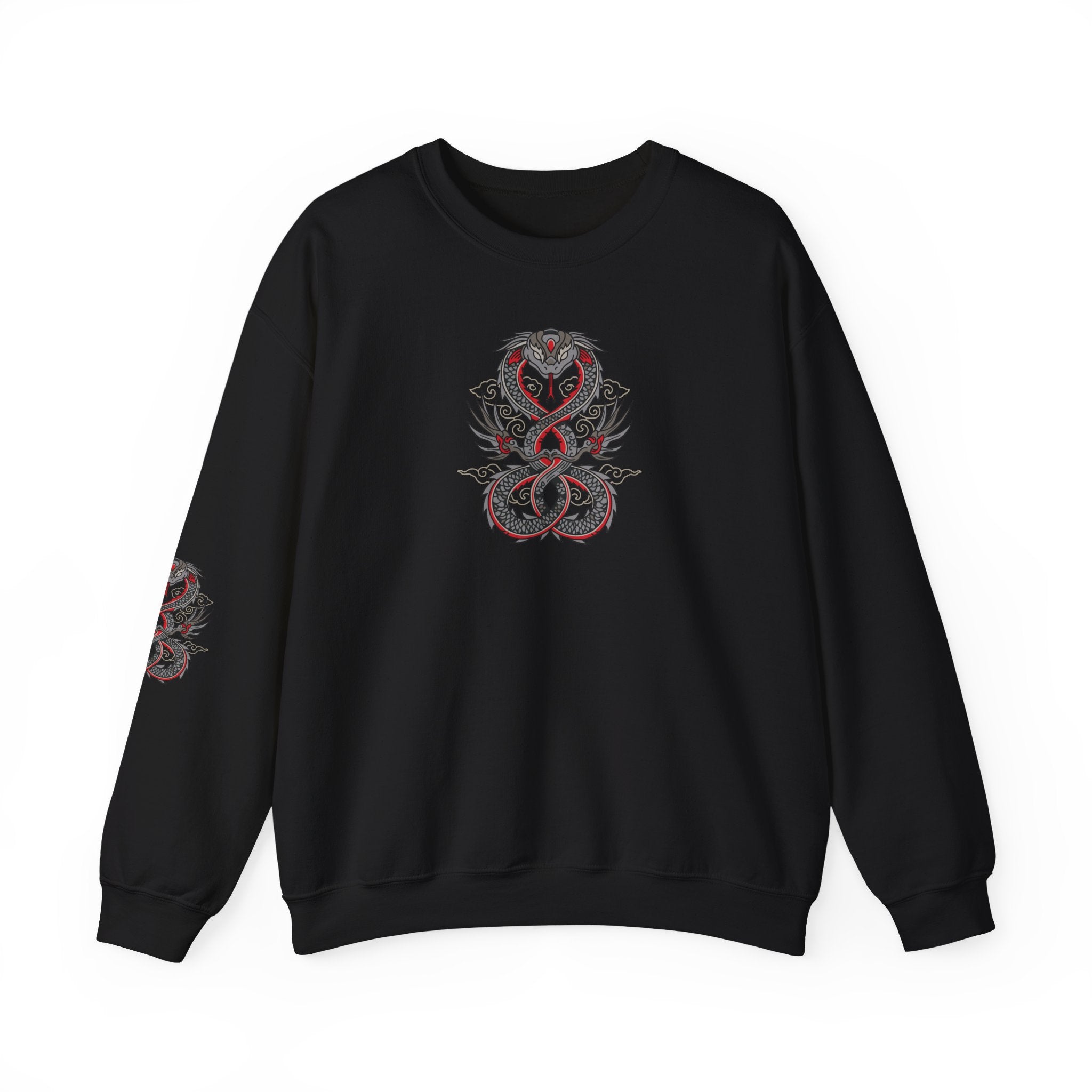 Black sweatshirt with red and gray snake design on a white background