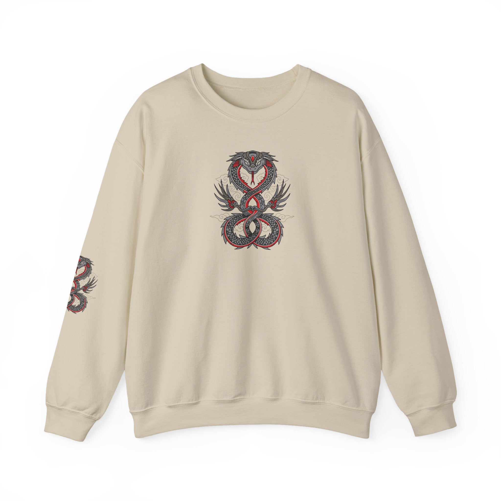 Beige sweatshirt with snake design on a white background