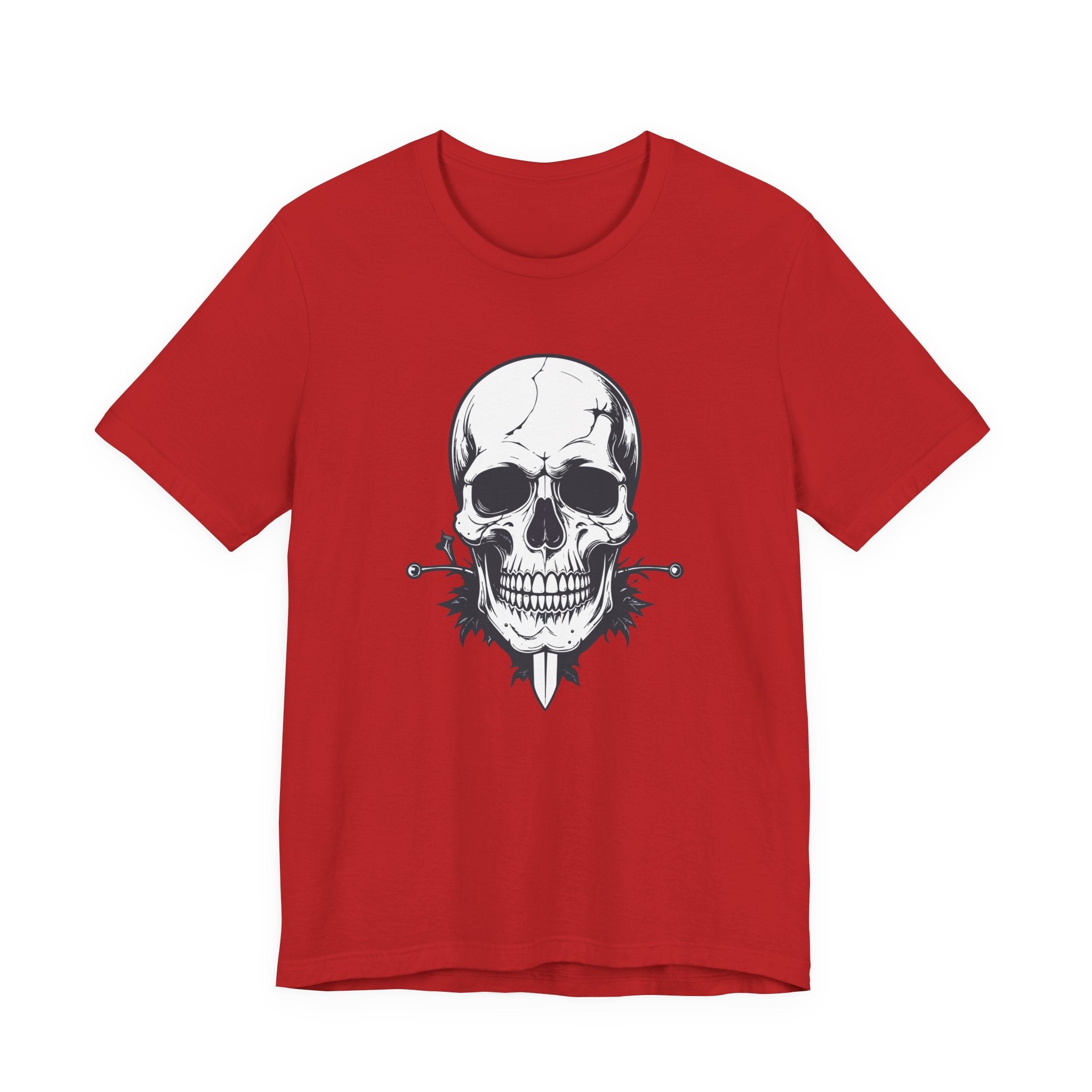 Red t-shirt with a skull design on a white background