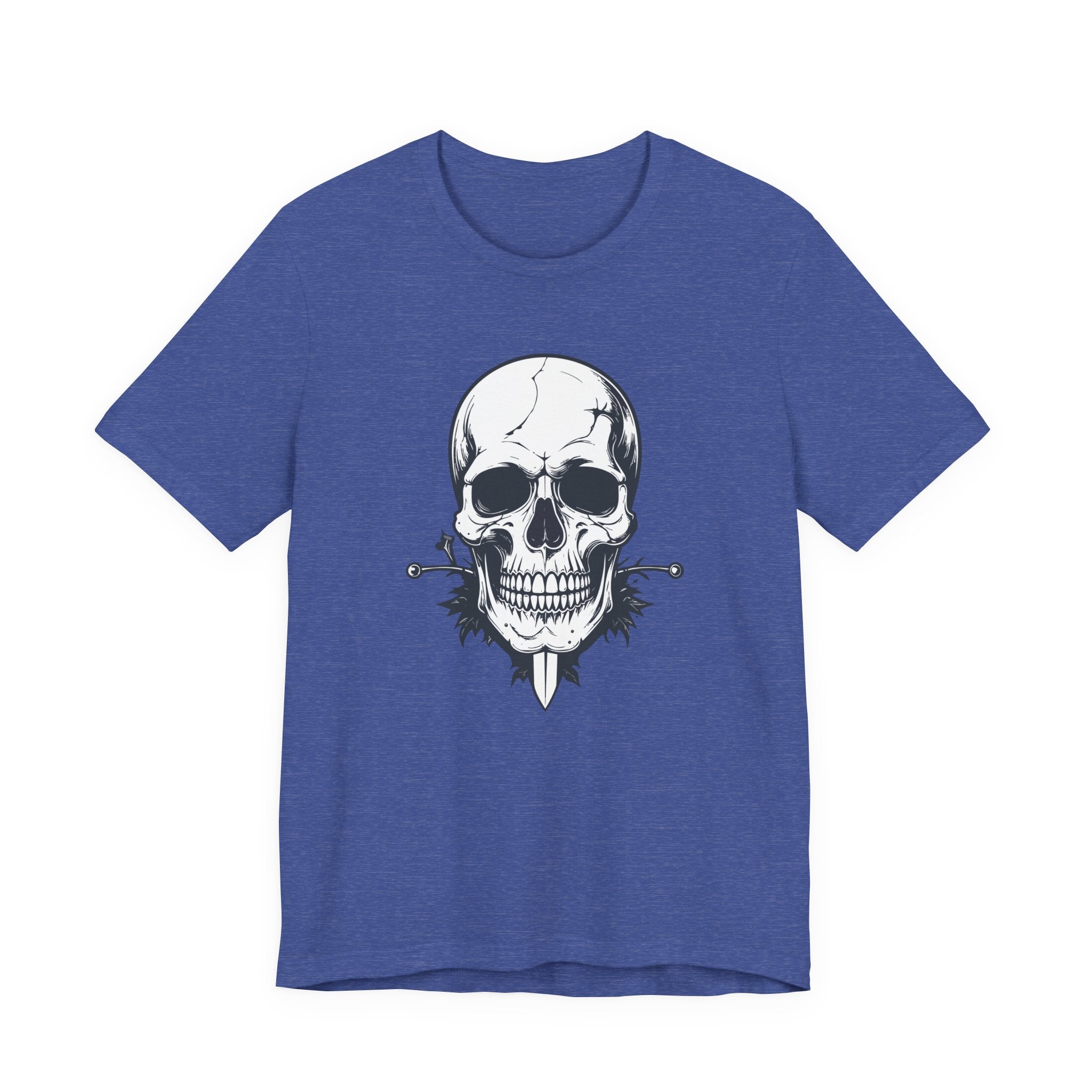 Blue t-shirt with a skull design on a white background