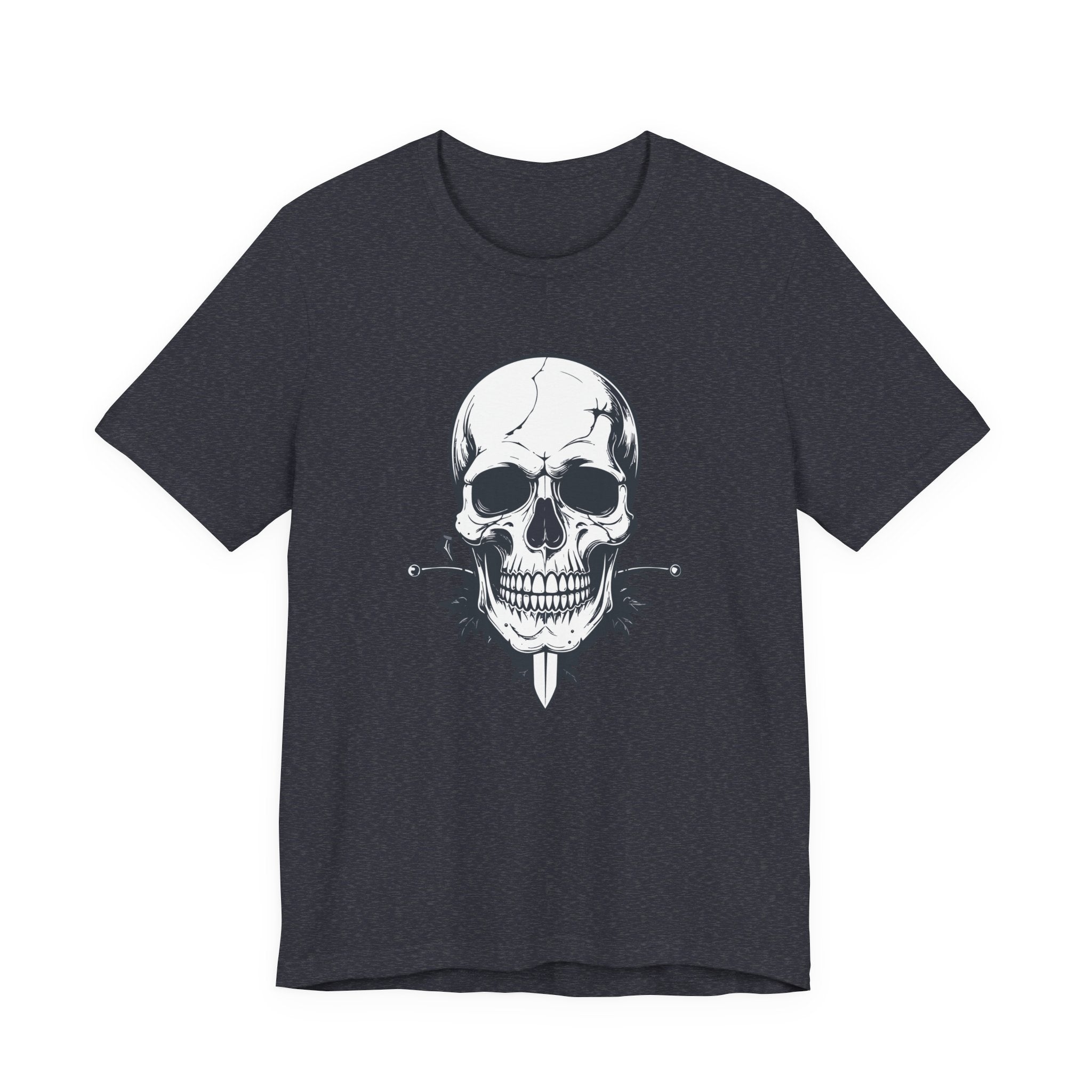 Black t-shirt with a white skull design on a white background