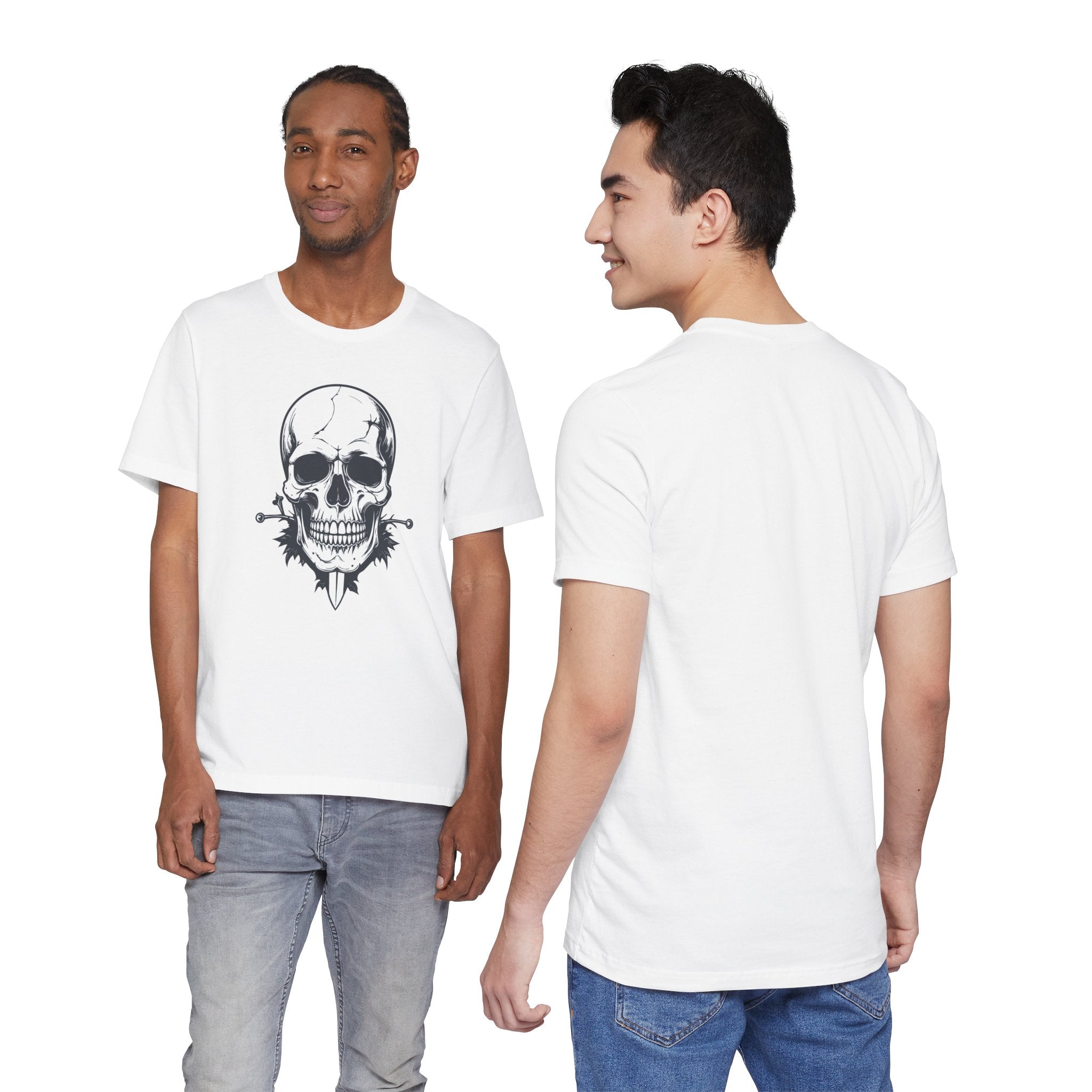Two men wearing white t-shirts with a skull design, one facing front and the other facing back.