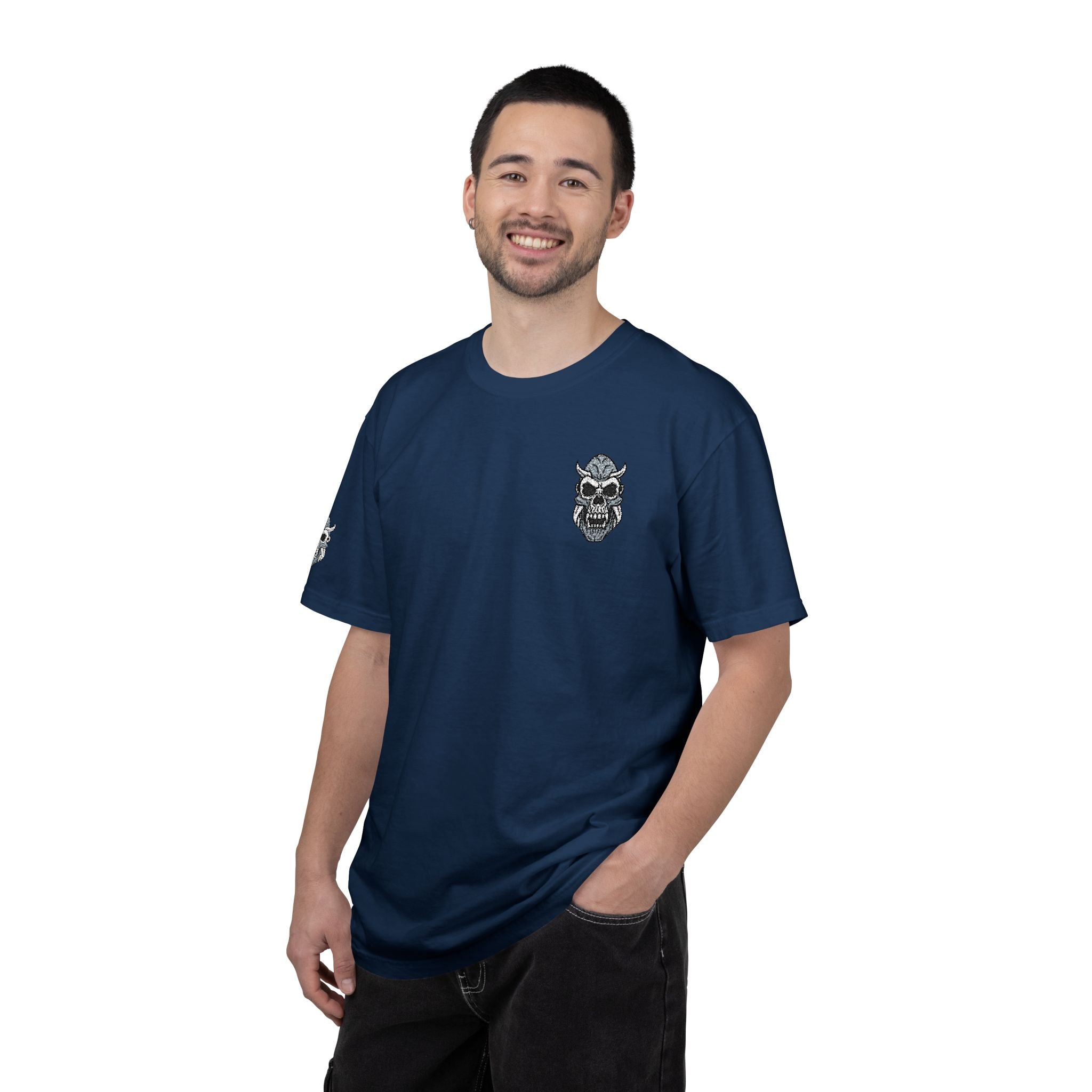 A man wearing a navy blue t-shirt with a logo on a white background