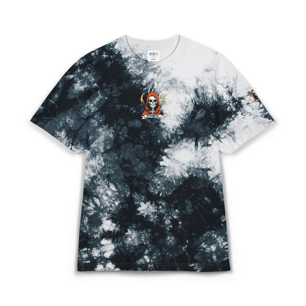 Tie-dye t-shirt with a logo on a white background