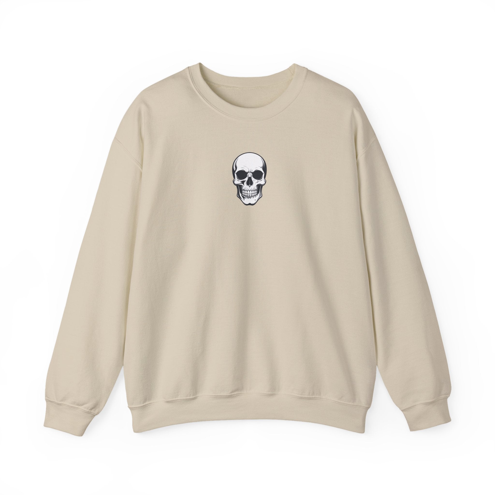 Beige sweatshirt with a skull design on a white background