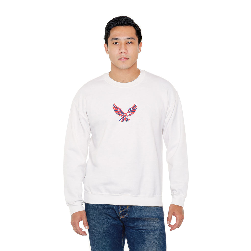 Man wearing a white sweatshirt with a colorful logo on a white background