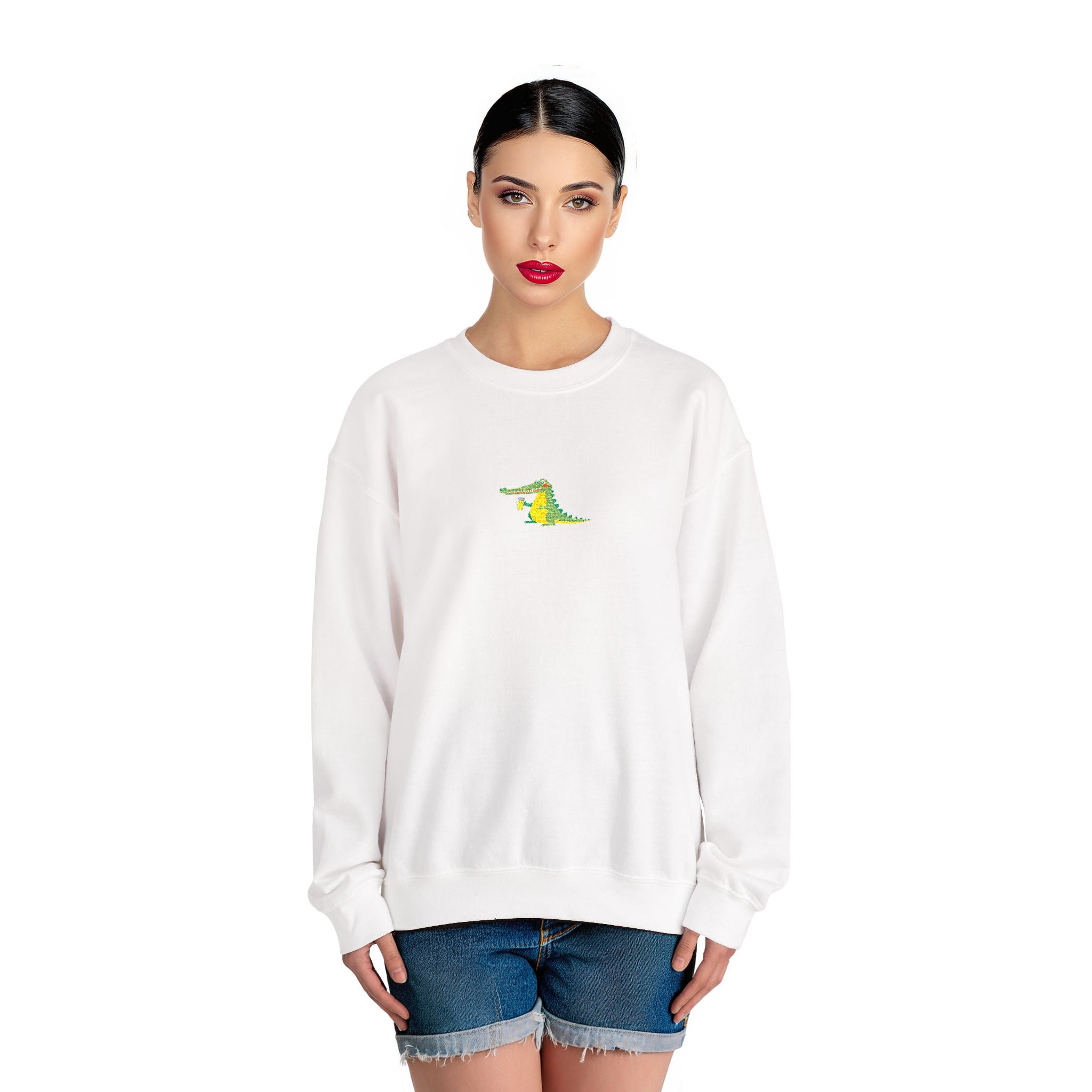 White sweatshirt with a small graphic on a white background