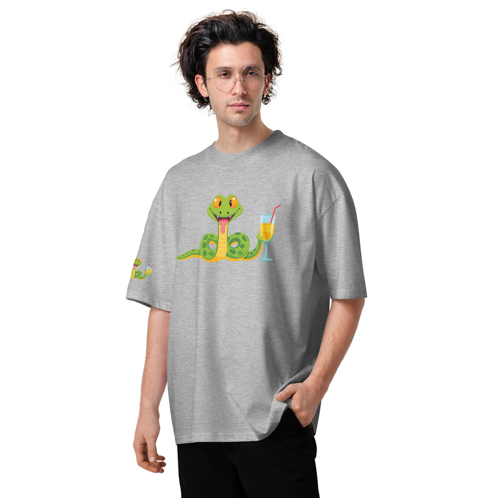 Person wearing a gray t-shirt with a cartoon snake design on a white background