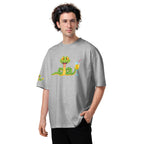 Person wearing a gray t-shirt with a cartoon snake design on a white background