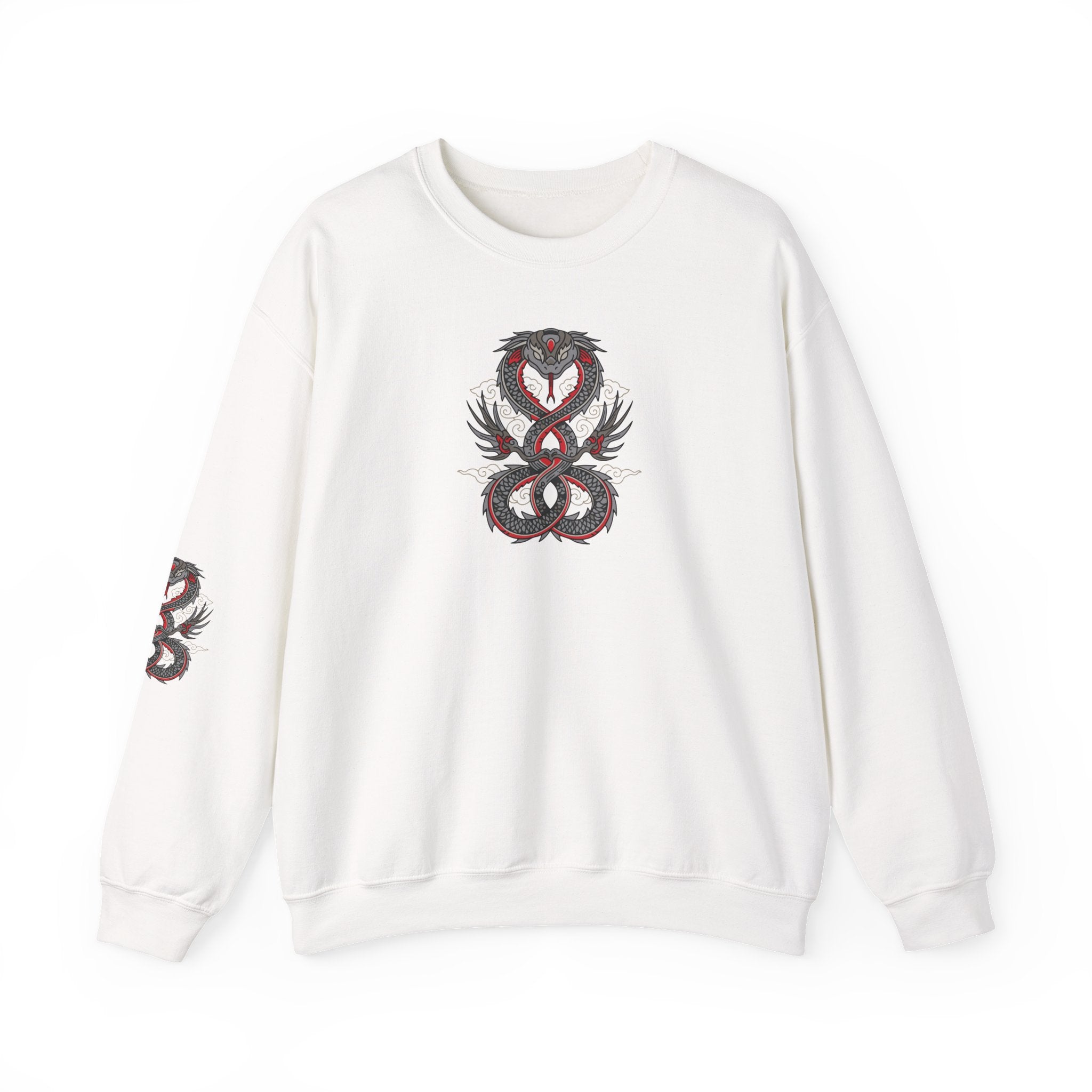 White sweatshirt with a red and black dragon design on a white background