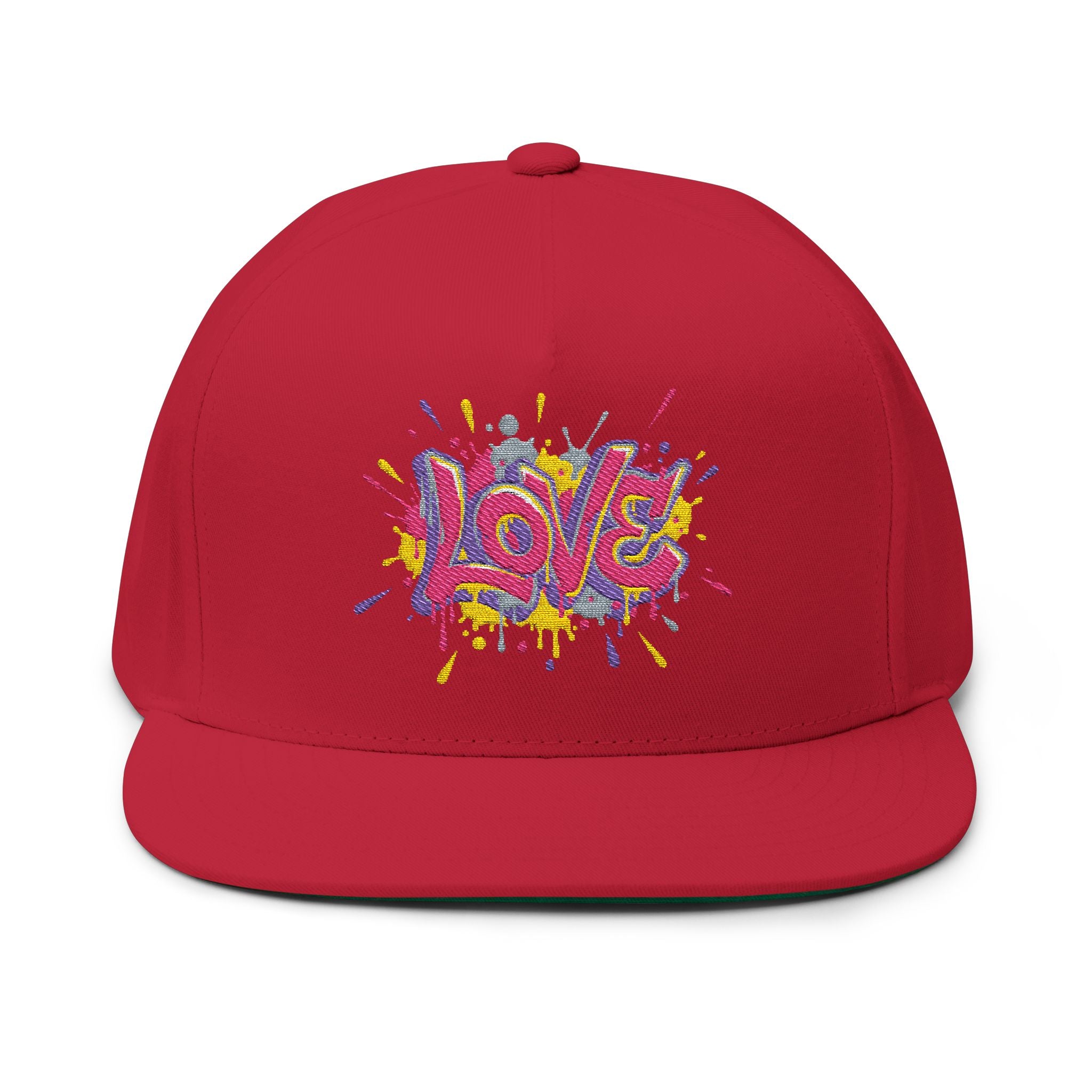 Red cap with colorful 'LOVE' graphic on a white background