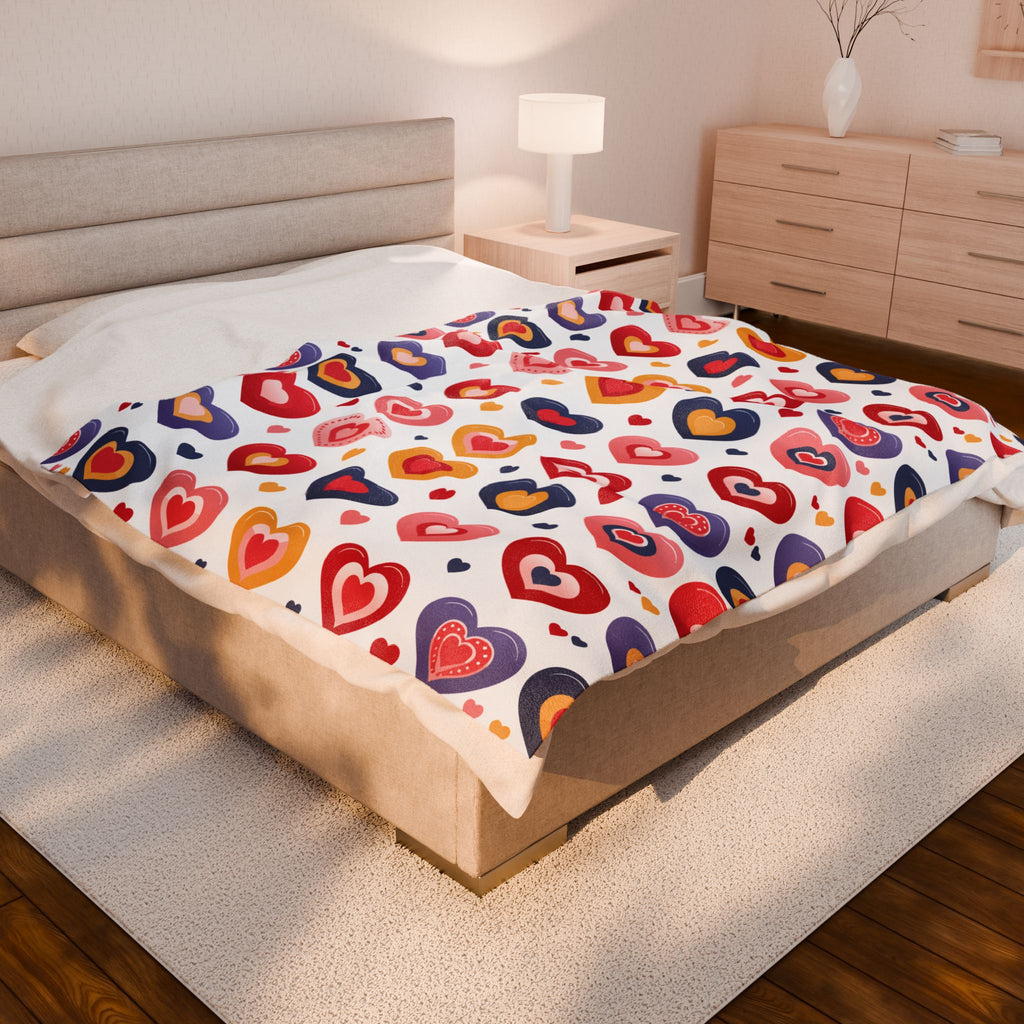 Bed with colorful heart-patterned bedspread in a bedroom setting