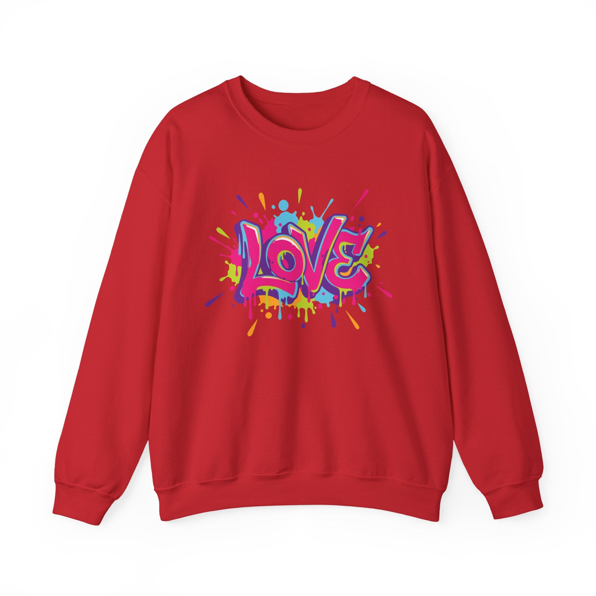 Red sweatshirt with colorful 'LOVE' graphic on a white background