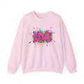 Pink sweatshirt with colorful 'LOVE' graphic on a white background