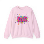 Pink sweatshirt with colorful 'LOVE' graphic on a white background