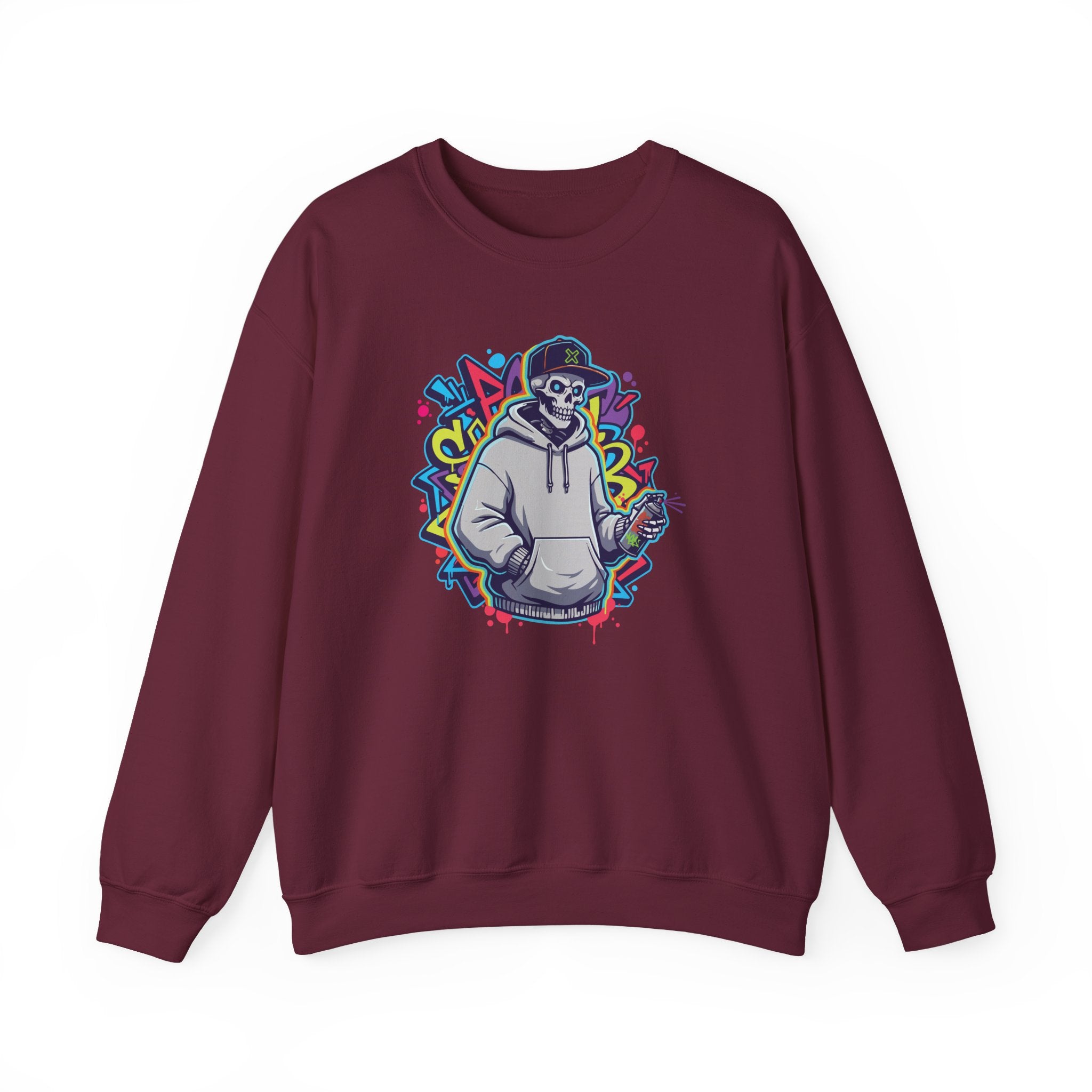 Maroon sweatshirt with a colorful graphic of a skeleton wearing a hoodie on a white background