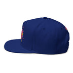 Blue cap with colorful designs on a white background