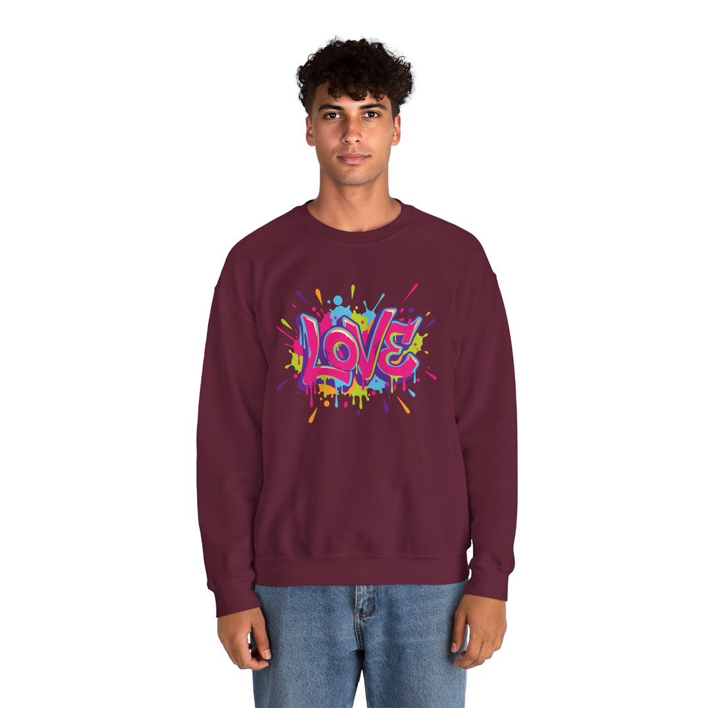 Person wearing a maroon sweatshirt with colorful 'LOVE' graphic on a white background