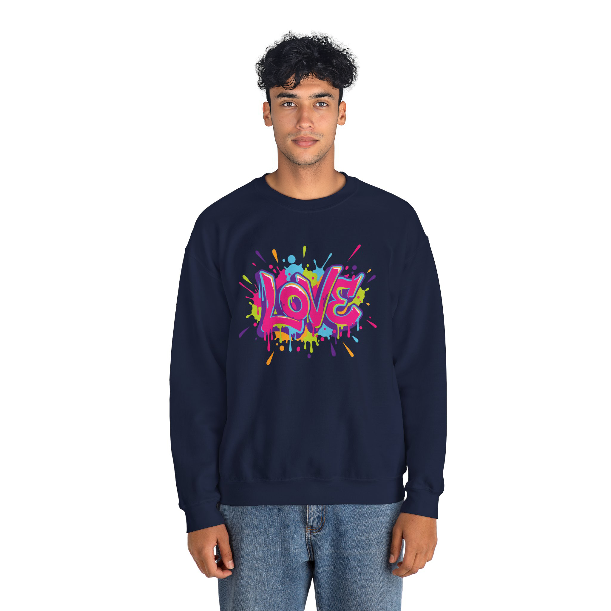 Person wearing a navy blue sweatshirt with colorful 'LOVE' graphic on a white background