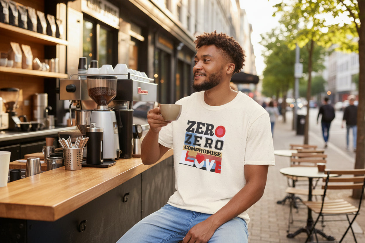 Man wearing a cream t-shirt with text and sitting on a white stool against a white background