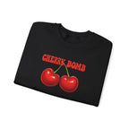Black t-shirt with red cherries and 'CHERRY BOMB' text on a white background
