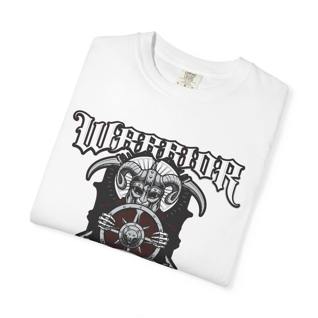 White t-shirt with black graphic design and 'Warrior' text on a white background
