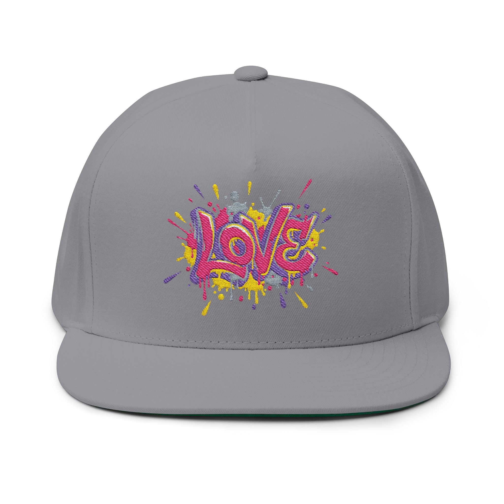Gray cap with colorful 'LOVE' embroidery on a white background