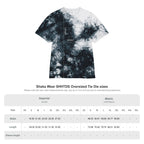 Tie-dye t-shirt with size chart on a white background