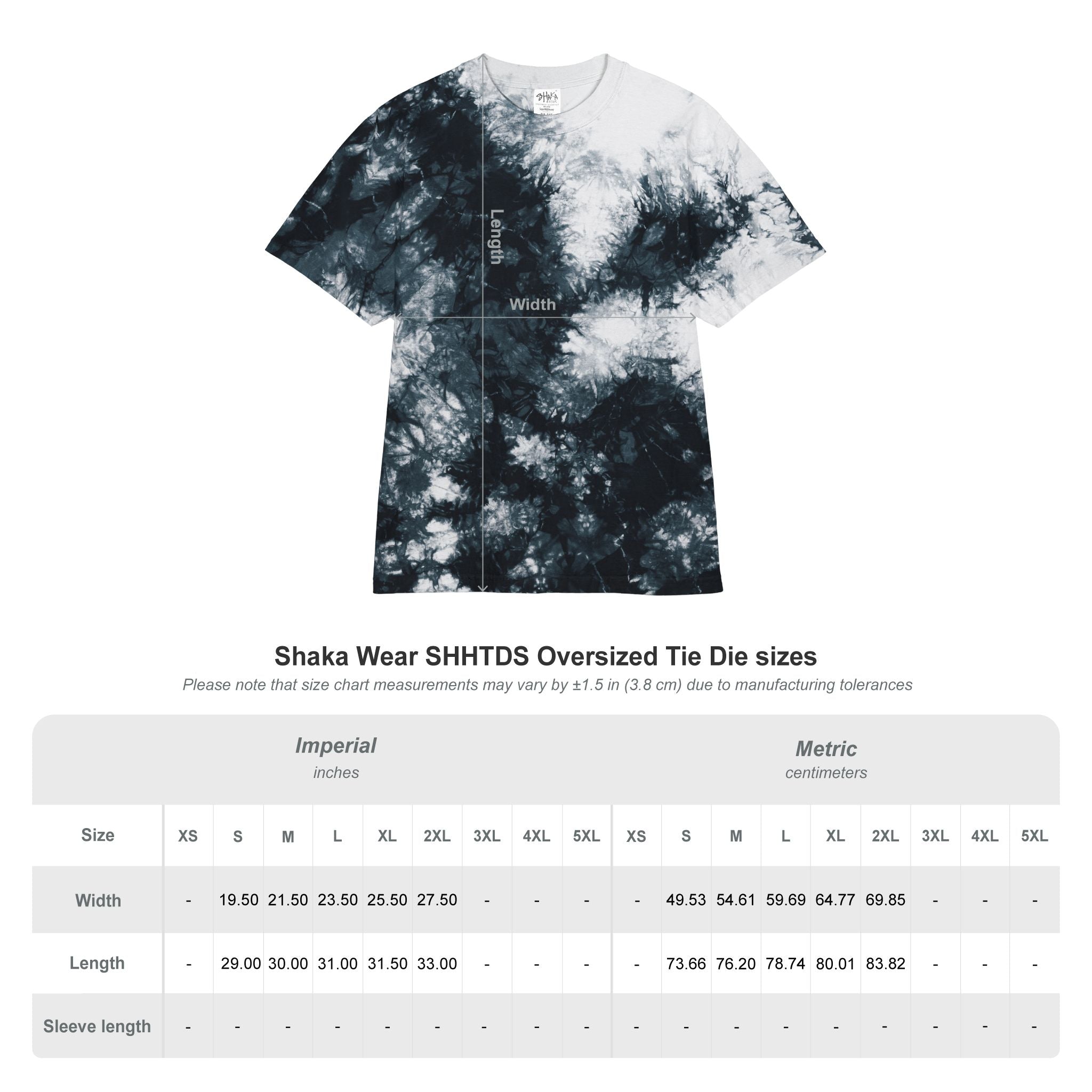 Tie-dye t-shirt with size chart on a white background