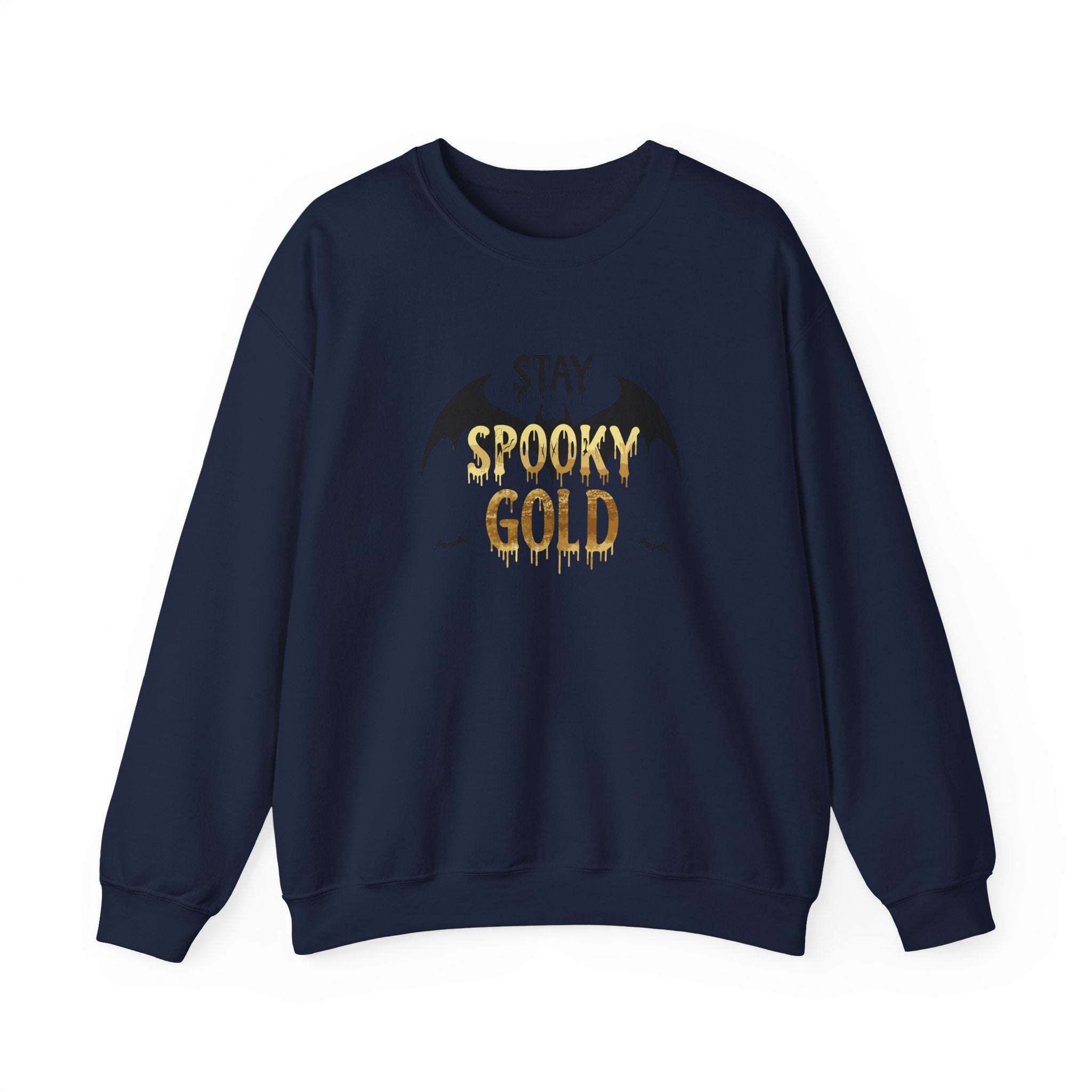 Navy blue sweatshirt with 'Stay Spooky Gold' text on a white background