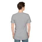 Person wearing a plain gray t-shirt on a white background
