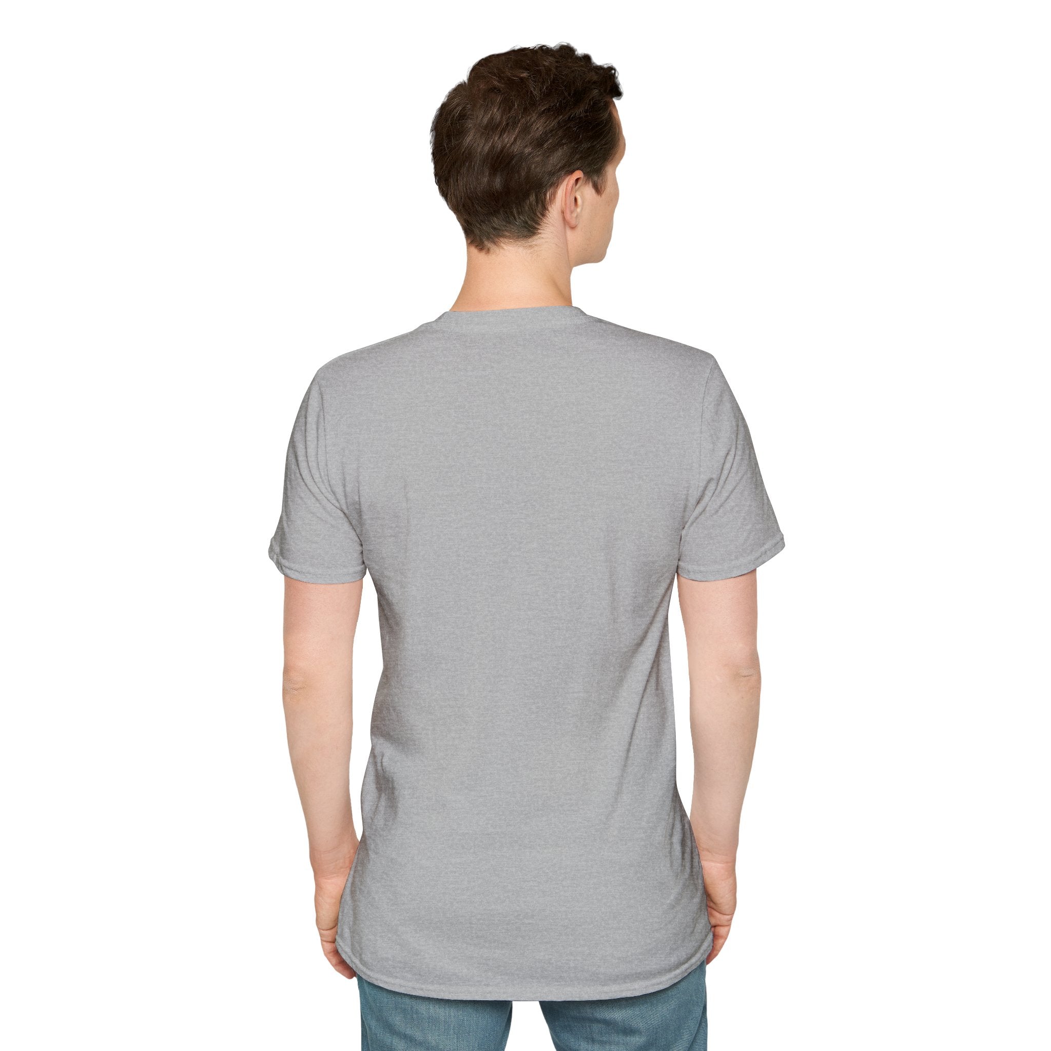 Person wearing a plain gray t-shirt on a white background
