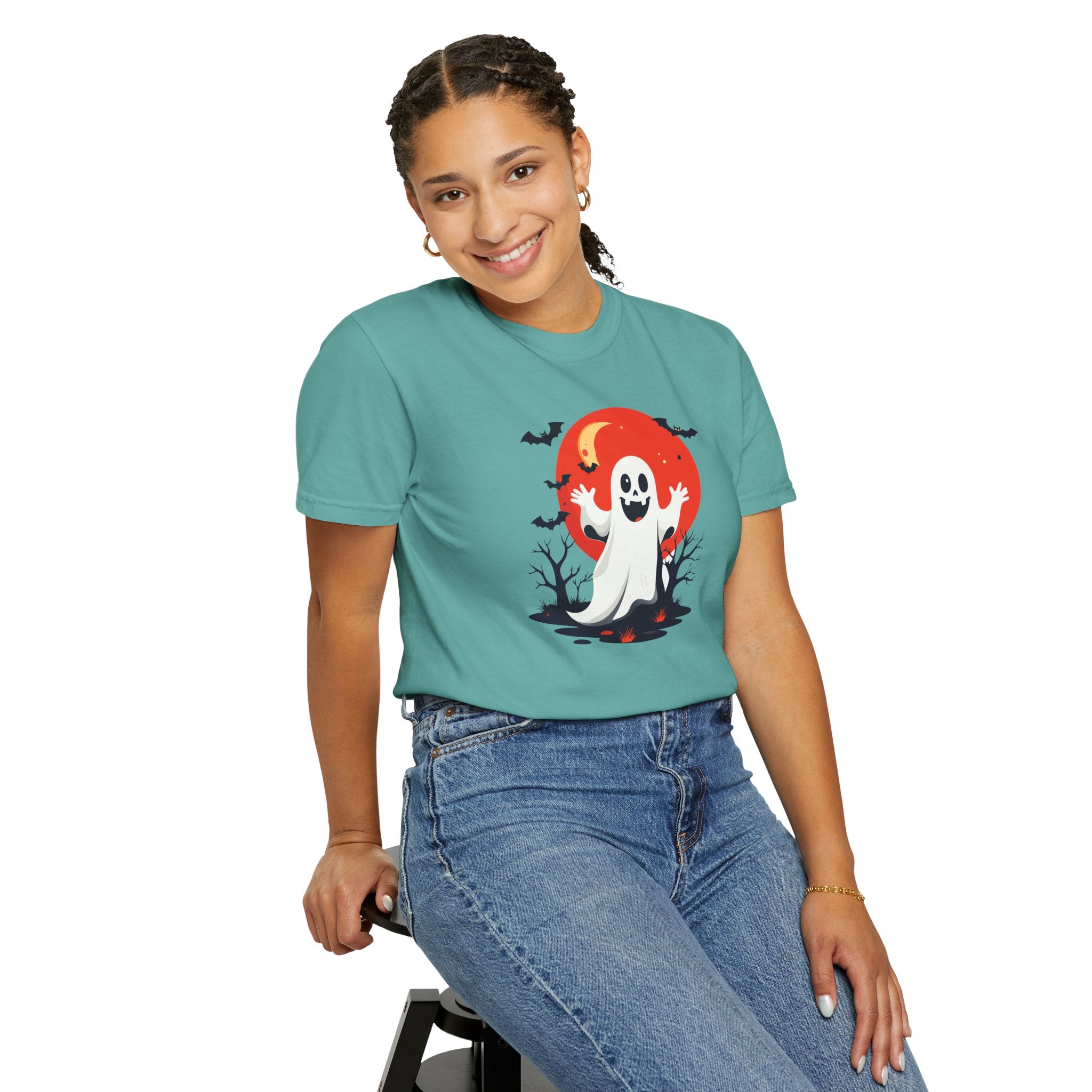 Ghost Halloween T-Shirt Cute Spooky Ghost with Red Moon