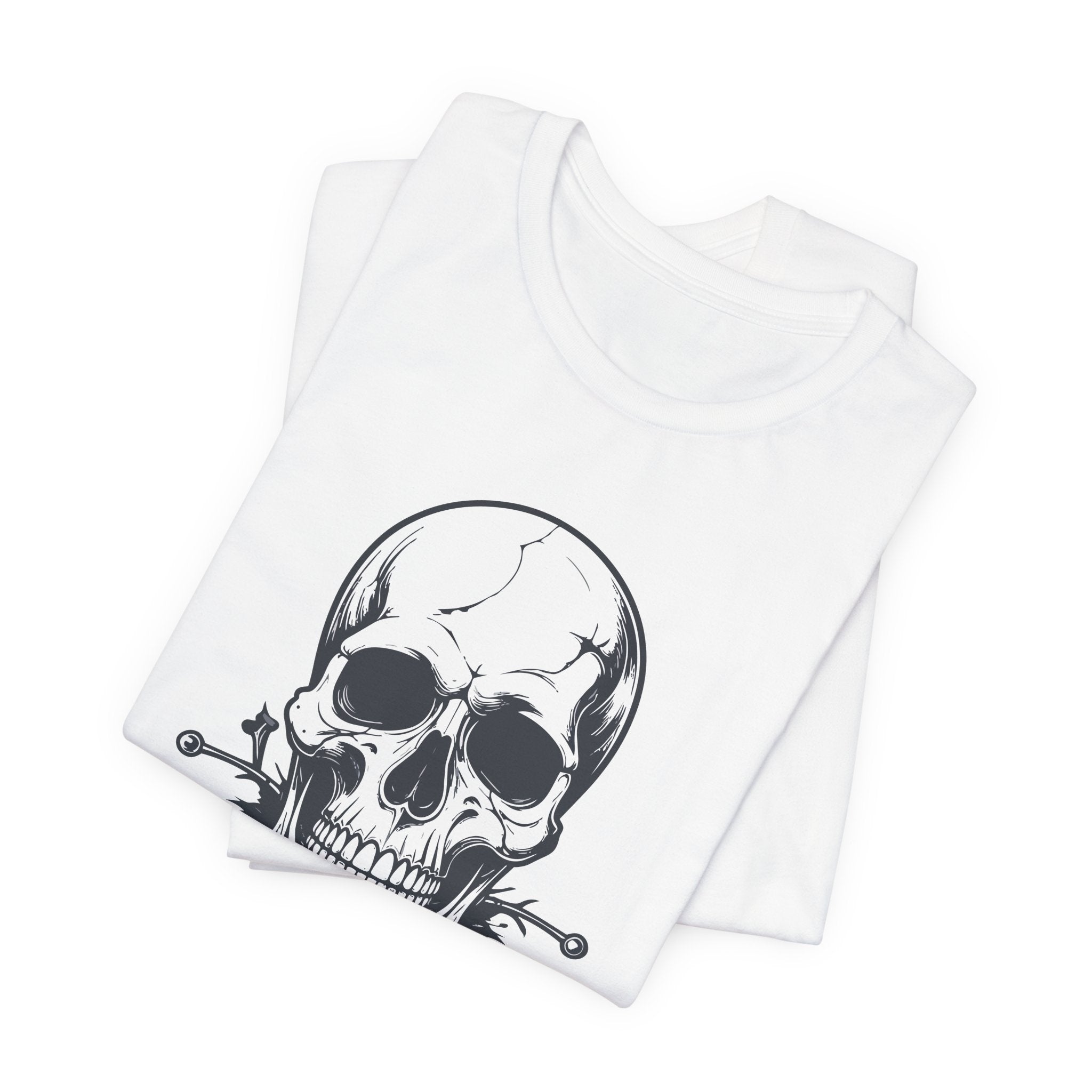 White tank top with a black skull design on a white background