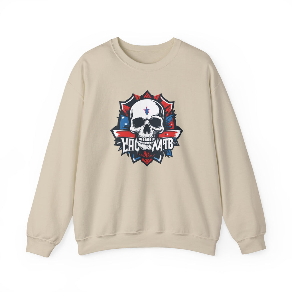 Beige sweatshirt with a skull and flag design on a white background
