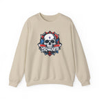 Beige sweatshirt with a skull and flag design on a white background