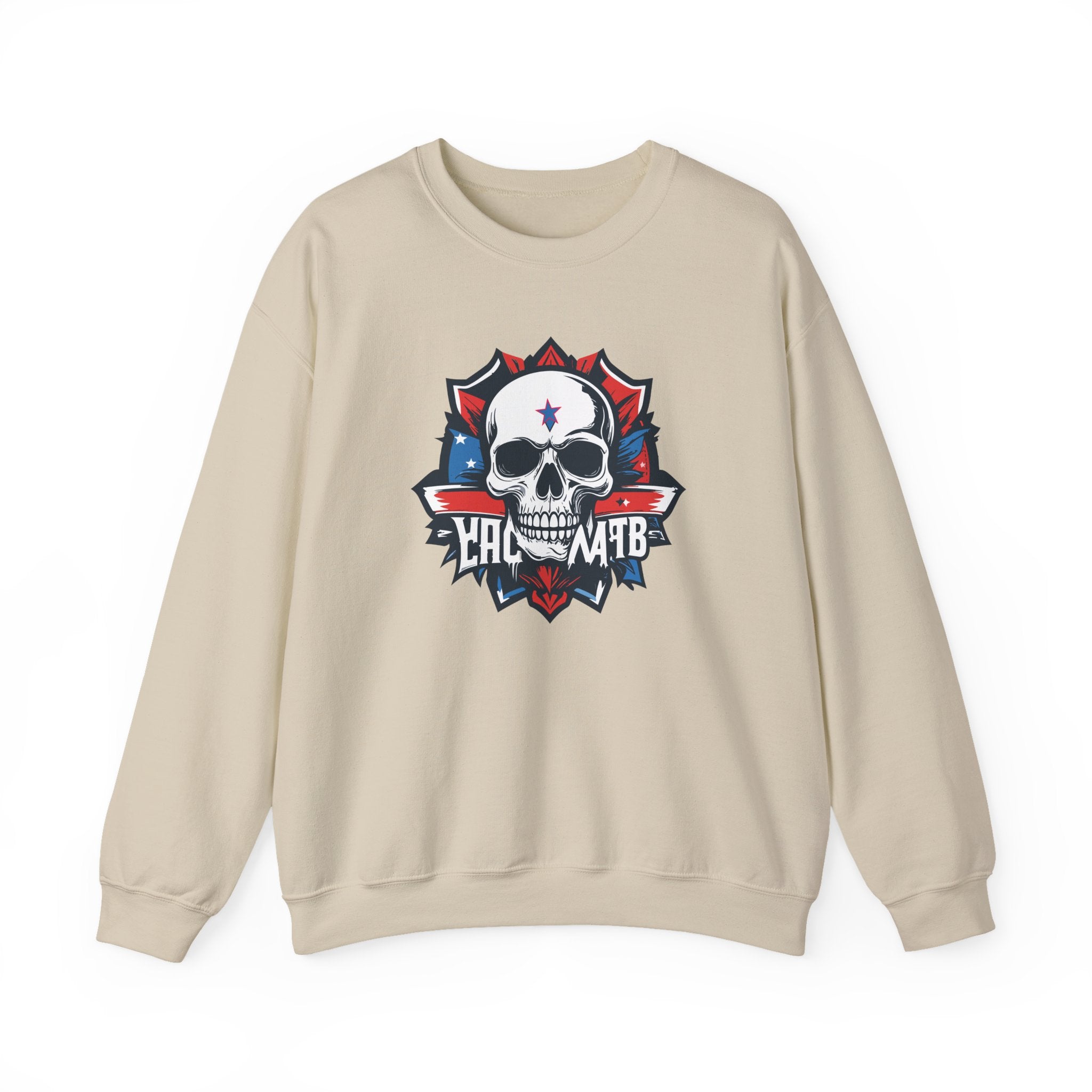 Beige sweatshirt with a skull and flag design on a white background