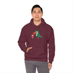 Person wearing a maroon hoodie with a graphic design on a white background